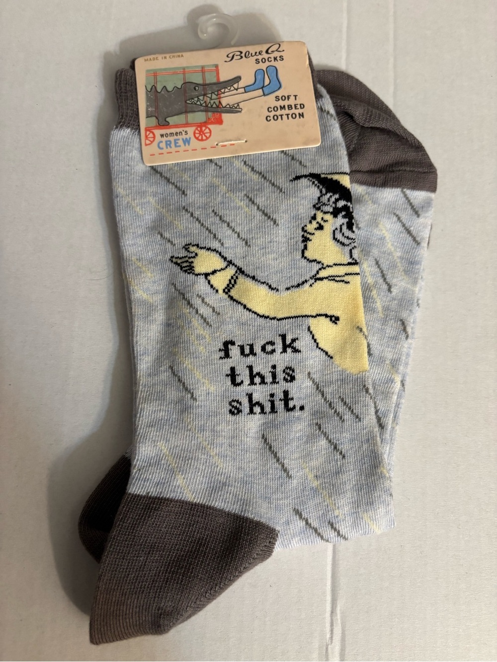 Blue Q Light Gray Crew Socks with Graphics and Printed Phrase
